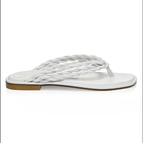 Stuart Weitzman White Calypso Leather Flat Thong Braided Sandals
