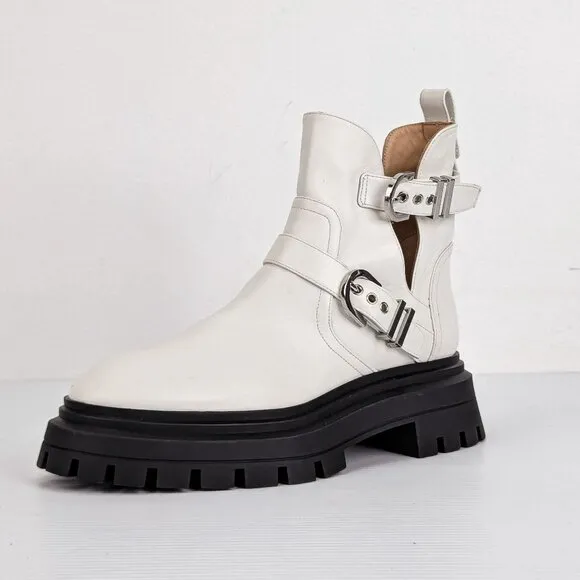 Stuart Weitzman Women White Leather Maverick Summer Strap Ankle Boots sz 8