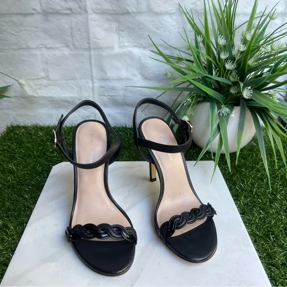 STUART WEITZMANDANCER TWISTIE 75 BLACK LEATHER SANDALS SIZE 6