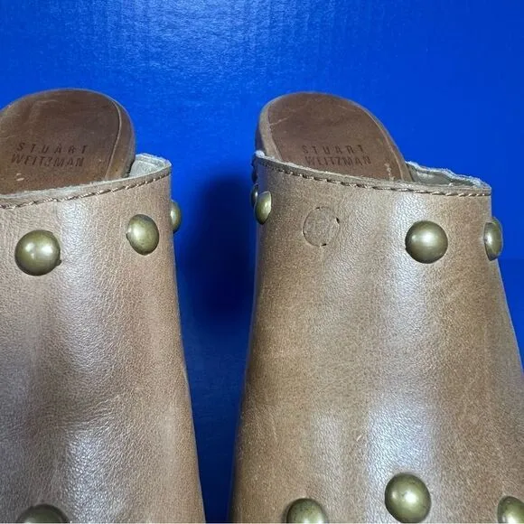Stuart Weitzman Womens Sequoia Leather Studded Peep Toe Brown Clog Sandals 7