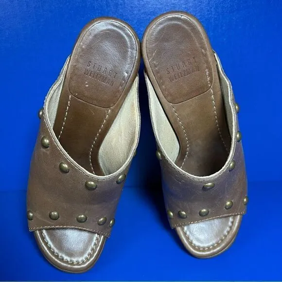 Stuart Weitzman Womens Sequoia Leather Studded Peep Toe Brown Clog Sandals 7