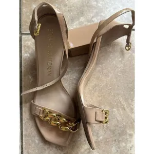 Stuart Weitzman 11 Chain Patent Leather Block Sandals Nude