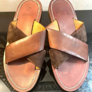 Sutor Mantellassi Brown Leather Suede  Crisscross  Men’s Slides Size 8