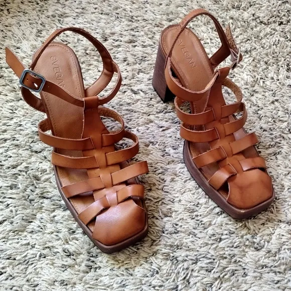 Svegan ALOHAS Rollers Brown Vegan Leather Sandals Sz 38/7