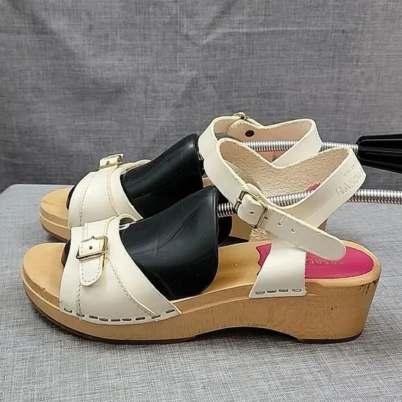 Swedish Hasbeens anthropologie Preppy Debutant White Leather Clog Sandals SZ 35