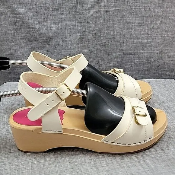 Swedish Hasbeens anthropologie Preppy Debutant White Leather Clog Sandals SZ 35