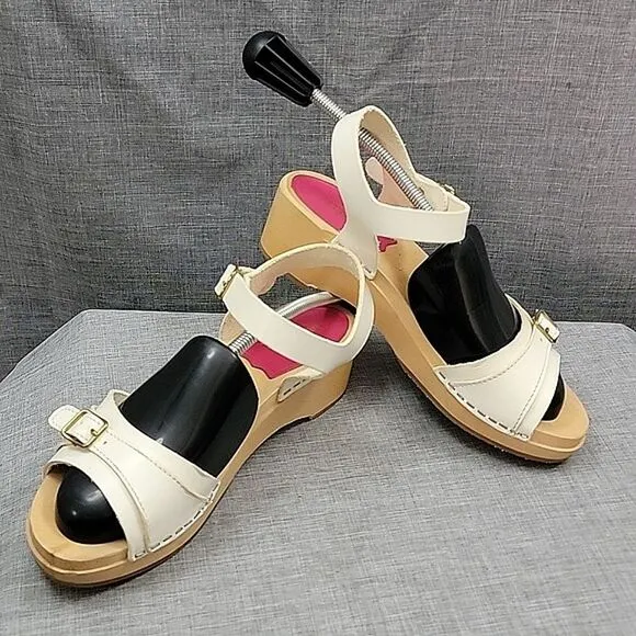 Swedish Hasbeens anthropologie Preppy Debutant White Leather Clog Sandals SZ 35