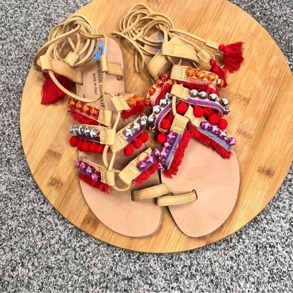 Sz 7.5 Barbara Barbieri Leather Lace Up Tassel Studded Pom Pom Strappy Sandals