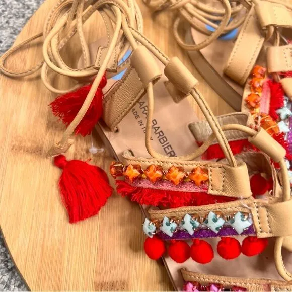 Sz 7.5 Barbara Barbieri Leather Lace Up Tassel Studded Pom Pom Strappy Sandals