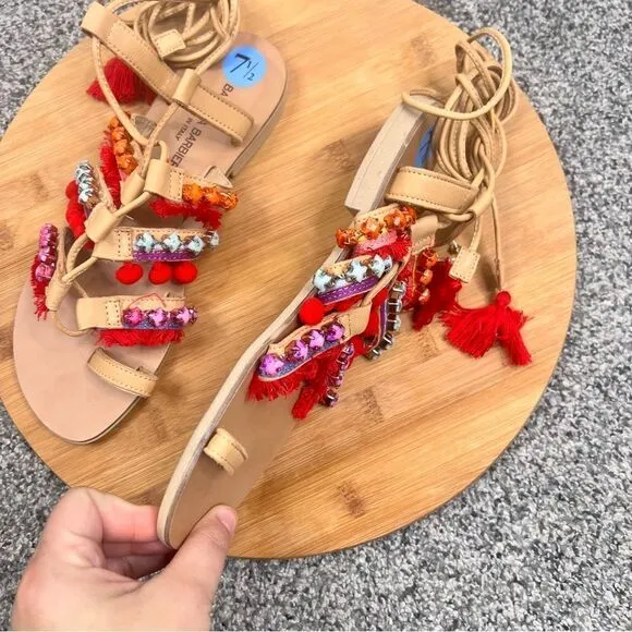 Sz 7.5 Barbara Barbieri Leather Lace Up Tassel Studded Pom Pom Strappy Sandals