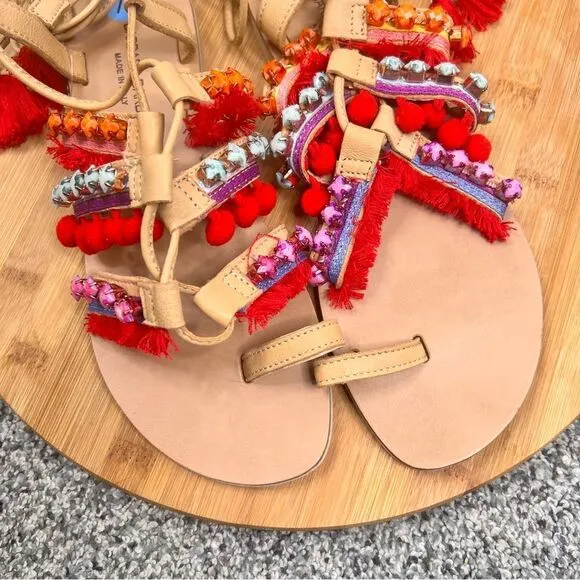 Sz 7.5 Barbara Barbieri Leather Lace Up Tassel Studded Pom Pom Strappy Sandals