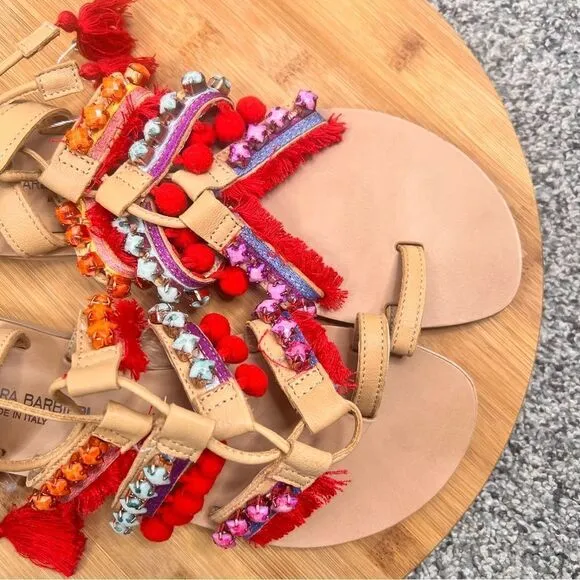 Sz 7.5 Barbara Barbieri Leather Lace Up Tassel Studded Pom Pom Strappy Sandals