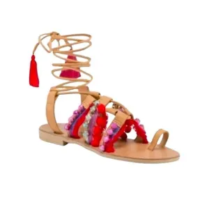 Sz 7.5 Barbara Barbieri Leather Lace Up Tassel Studded Pom Pom Strappy Sandals