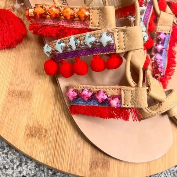 Sz 7.5 Barbara Barbieri Leather Lace Up Tassel Studded Pom Pom Strappy Sandals