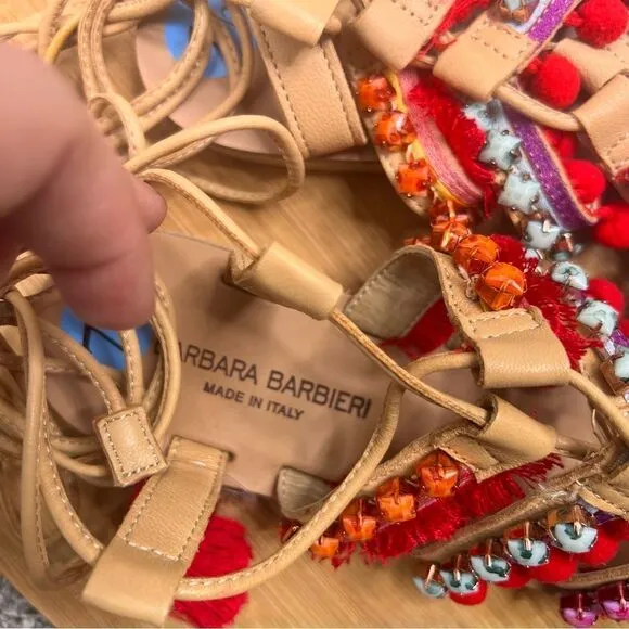 Sz 7.5 Barbara Barbieri Leather Lace Up Tassel Studded Pom Pom Strappy Sandals