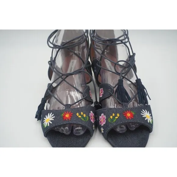 Tabitha Simmons Isadora Lace up denim floral bohemian embroidered open toe Sz 39