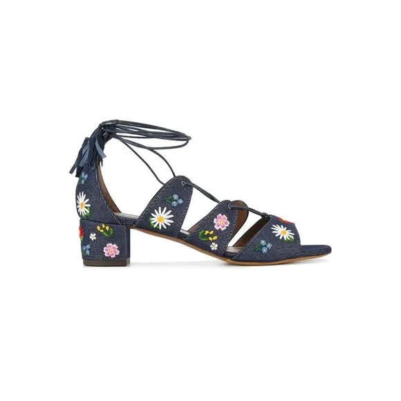 Tabitha Simmons Isadora Lace up denim floral bohemian embroidered open toe Sz 39