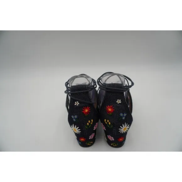 Tabitha Simmons Isadora Lace up denim floral bohemian embroidered open toe Sz 39
