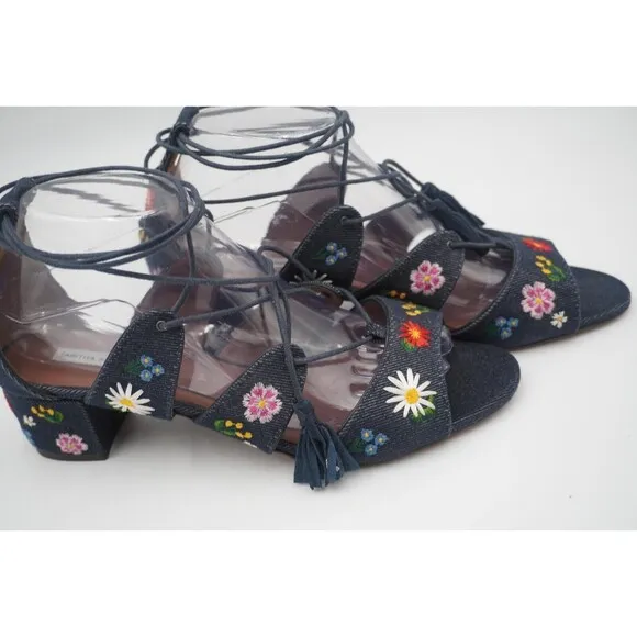 Tabitha Simmons Isadora Lace up denim floral bohemian embroidered open toe Sz 39