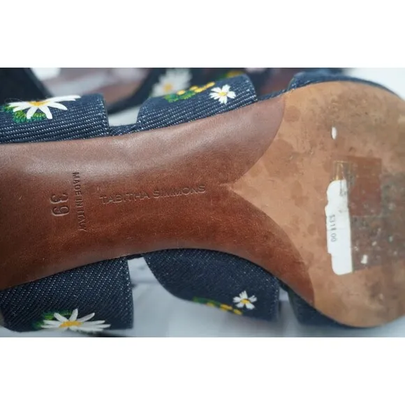 Tabitha Simmons Isadora Lace up denim floral bohemian embroidered open toe Sz 39