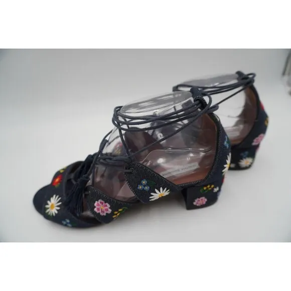 Tabitha Simmons Isadora Lace up denim floral bohemian embroidered open toe Sz 39
