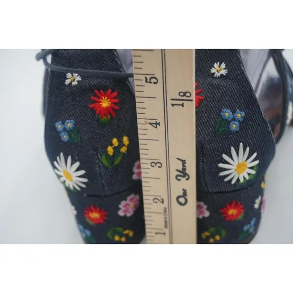 Tabitha Simmons Isadora Lace up denim floral bohemian embroidered open toe Sz 39
