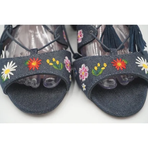 Tabitha Simmons Isadora Lace up denim floral bohemian embroidered open toe Sz 39