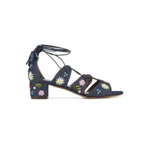 Tabitha Simmons Isadora Lace up denim floral bohemian embroidered open toe Sz 39