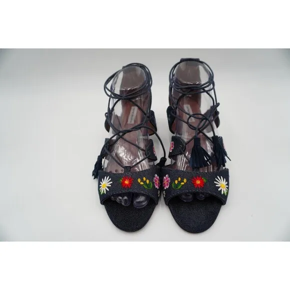 Tabitha Simmons Isadora Lace up denim floral bohemian embroidered open toe Sz 39