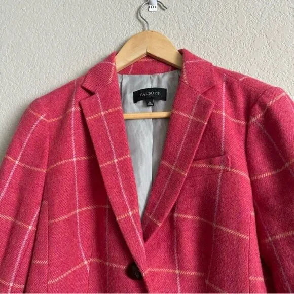 Talbots Windowpane Wool Blazer Size 8 Barbie Pink Preppy Academia Old Money Chic