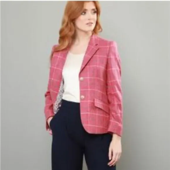 Talbots Windowpane Wool Blazer Size 8 Barbie Pink Preppy Academia Old Money Chic