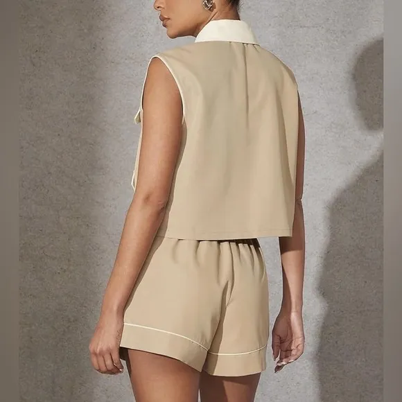 Tan &amp; ivory matching 2 piece shorts &amp; vest set — pocket front button up detail