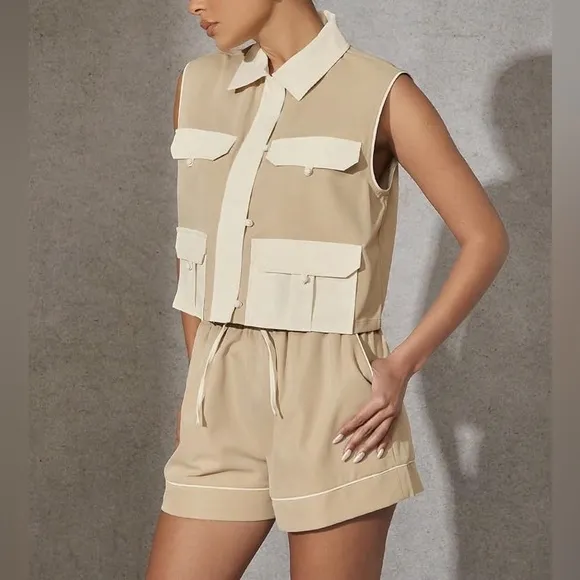 Tan &amp; ivory matching 2 piece shorts &amp; vest set — pocket front button up detail