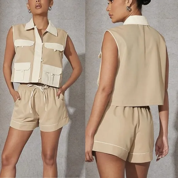 Tan &amp; ivory matching 2 piece shorts &amp; vest set — pocket front button up detail