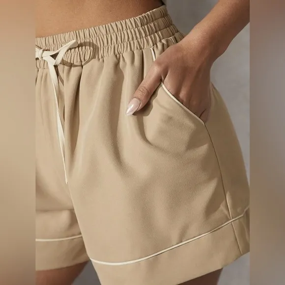 Tan &amp; ivory matching 2 piece shorts &amp; vest set — pocket front button up detail