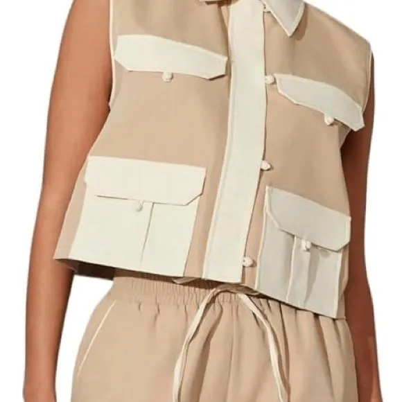 Tan &amp; ivory matching 2 piece shorts &amp; vest set — pocket front button up detail
