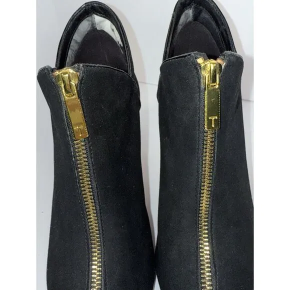 Ted Baker Millae Bootie Heels Black Suede Gold Zipper Stiletto Pointed 38.5/6