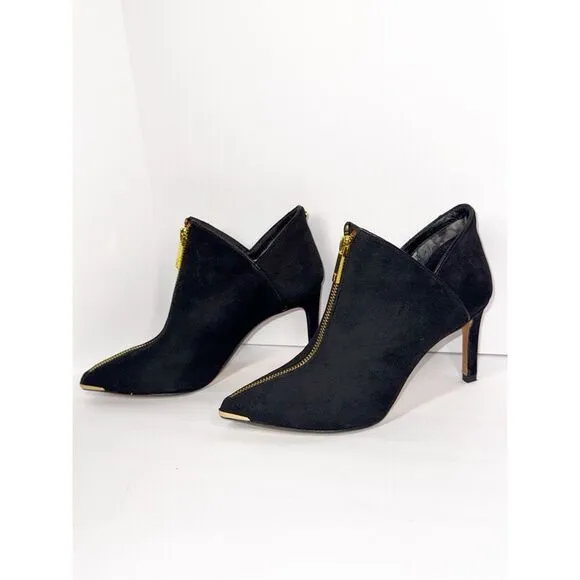 Ted Baker Millae Bootie Heels Black Suede Gold Zipper Stiletto Pointed 38.5/6