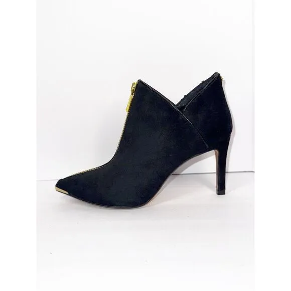 Ted Baker Millae Bootie Heels Black Suede Gold Zipper Stiletto Pointed 38.5/6
