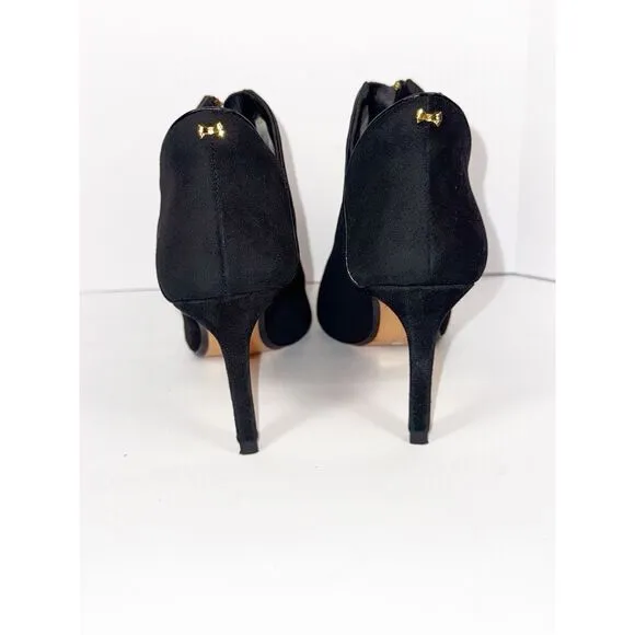 Ted Baker Millae Bootie Heels Black Suede Gold Zipper Stiletto Pointed 38.5/6