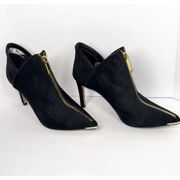 Ted Baker Millae Bootie Heels Black Suede Gold Zipper Stiletto Pointed 38.5/6