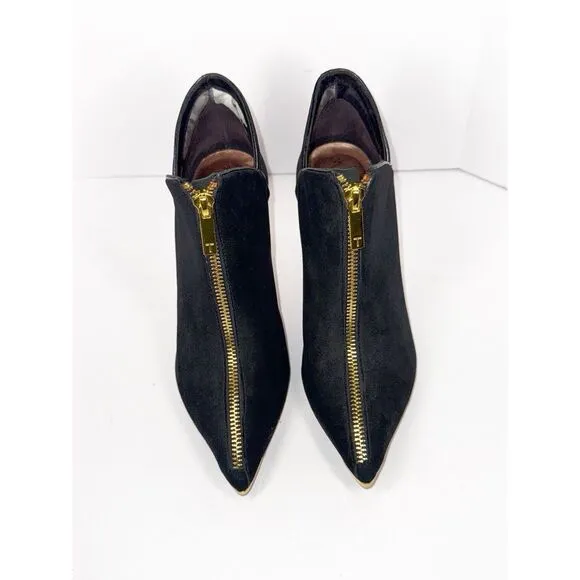 Ted Baker Millae Bootie Heels Black Suede Gold Zipper Stiletto Pointed 38.5/6
