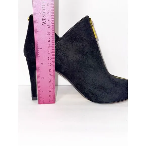 Ted Baker Millae Bootie Heels Black Suede Gold Zipper Stiletto Pointed 38.5/6