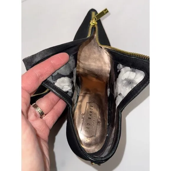 Ted Baker Millae Bootie Heels Black Suede Gold Zipper Stiletto Pointed 38.5/6
