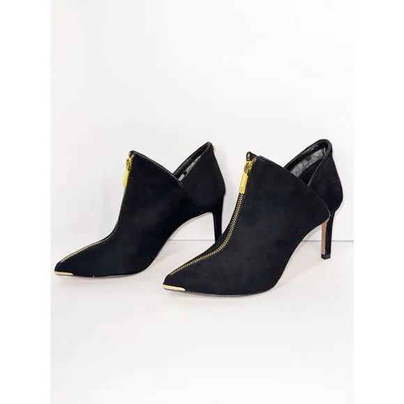 Ted Baker Millae Bootie Heels Black Suede Gold Zipper Stiletto Pointed 38.5/6