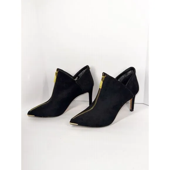 Ted Baker Millae Bootie Heels Black Suede Gold Zipper Stiletto Pointed 38.5/6