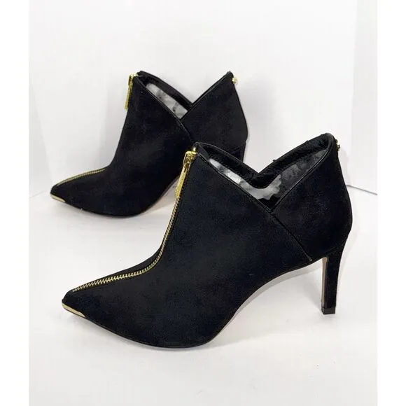 Ted Baker Millae Bootie Heels Black Suede Gold Zipper Stiletto Pointed 38.5/6