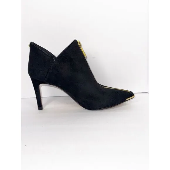 Ted Baker Millae Bootie Heels Black Suede Gold Zipper Stiletto Pointed 38.5/6