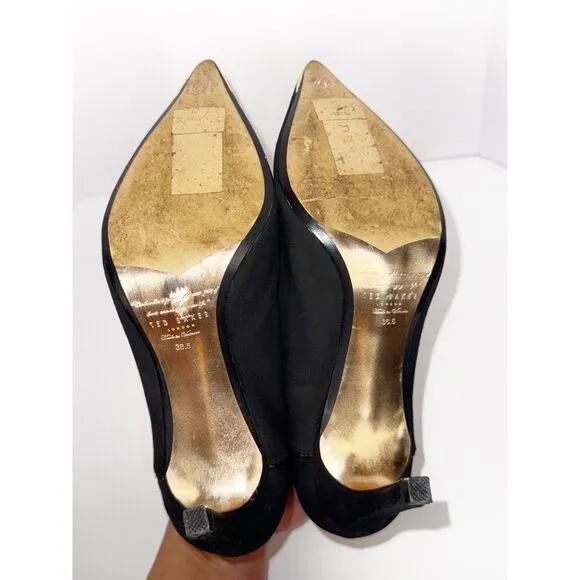 Ted Baker Millae Bootie Heels Black Suede Gold Zipper Stiletto Pointed 38.5/6