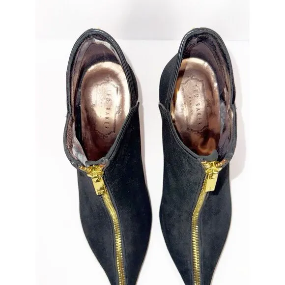 Ted Baker Millae Bootie Heels Black Suede Gold Zipper Stiletto Pointed 38.5/6
